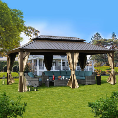 Kozyard Alexander 12' X 20' Hardtop Gazebo, Aluminum Metal Gazebo with Galvanized Steel Double Roof Canopy, Curtain and Netting, Permanent Gazebo