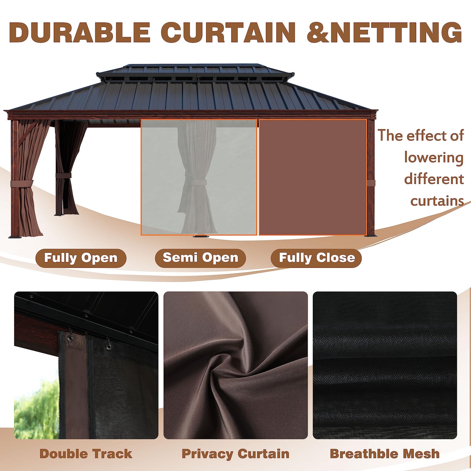 VEIKOU 12 x 20FT Hardtop Gazebo, Wood Grain Aluminum Frame Gazebo w/Double Roof Galvanized Steel, Patio Gazebo Permanent Outdoor Pergolas and Gazebos VEIKOU