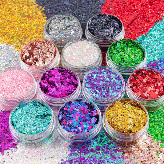 12 Colors of Holographic Chunky Glitter No Glue Attached, 12 Pots Total 120g Multi-Shaped for Body Hair Face Eyes Make-up, Nail Art and Bedazzling in - WoodArtSupply