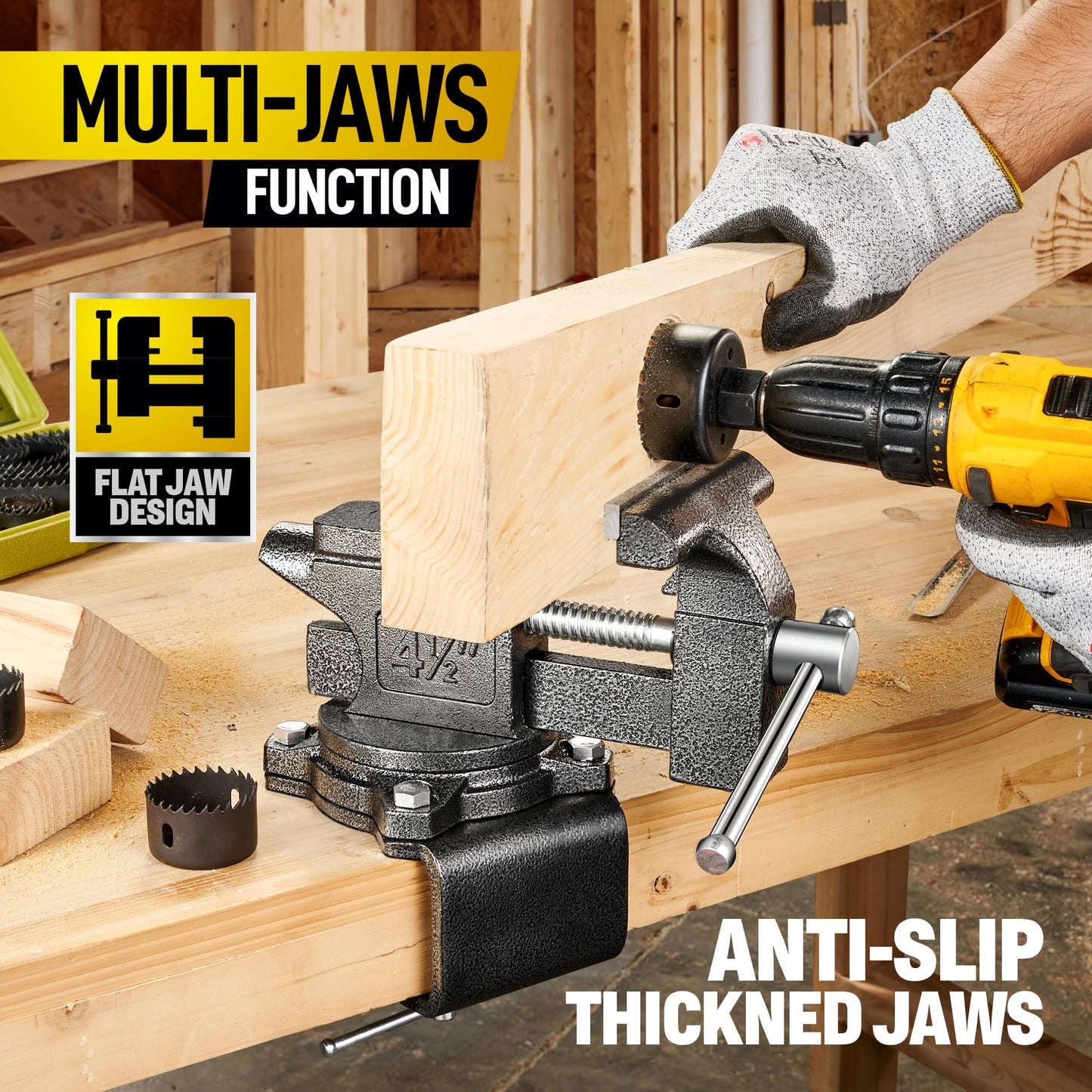 Dual-Purpose Bench Vise 4.5 Inch, Table Vise Clamping Heavy Duty for Workbench Constructed with Cast Steel, Swivel Base, Pipe Jaw and Anvil for