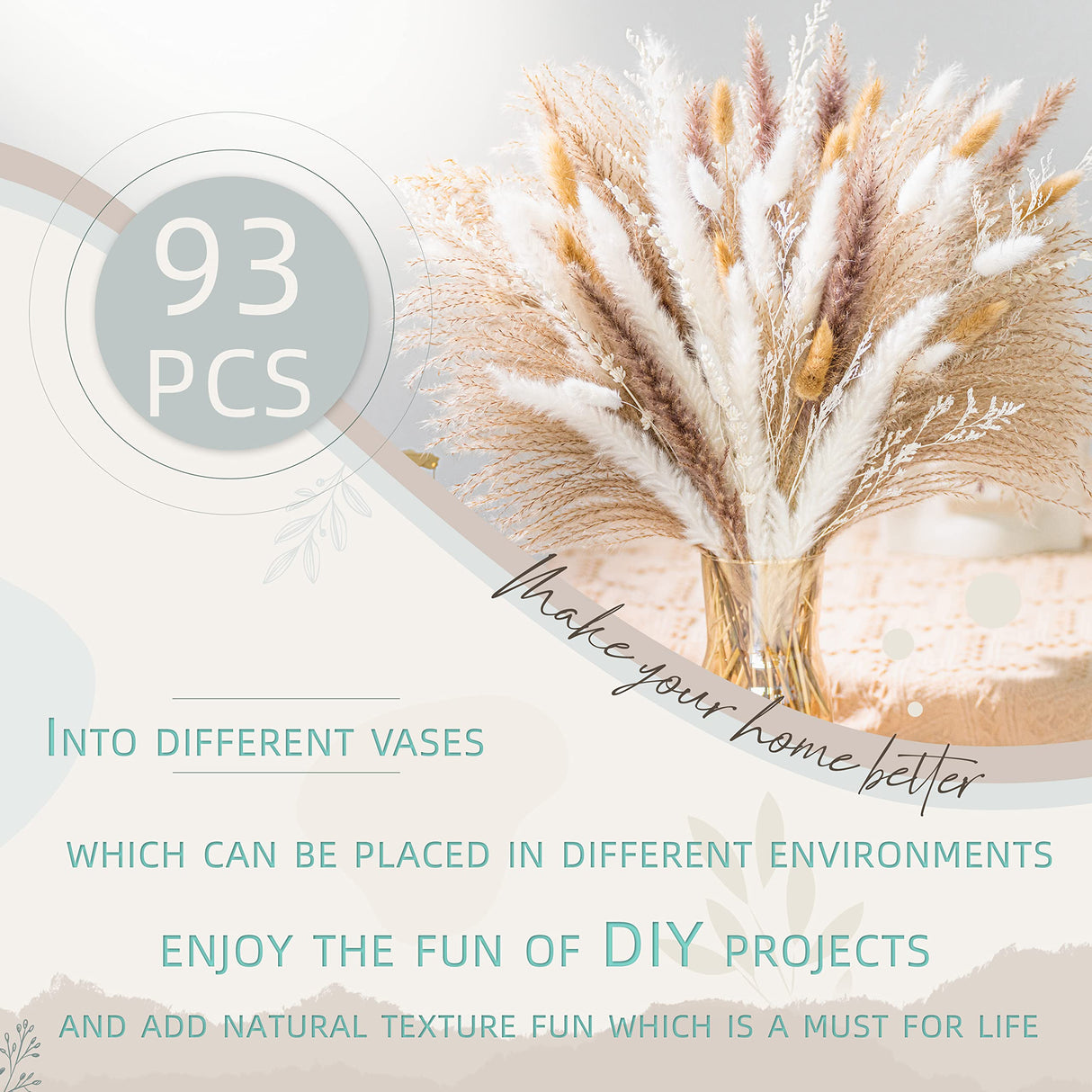 Natural Pampas Grass Mix Bouquet | Dried Pampas Bouquet for Wedding Boho Flowers Home Table Decor Desk Decor, Rustic Farmhouse Decor (93PCS) NTLPAMPA