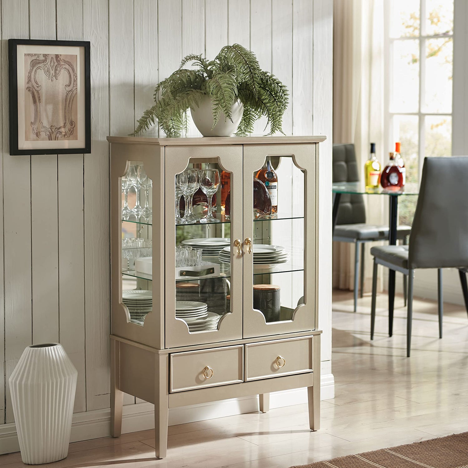Kings Brand Furniture - Versailles Curio Display Storage Accent Cabinet with Glass Shelves (Gold) Kings Brand Furniture