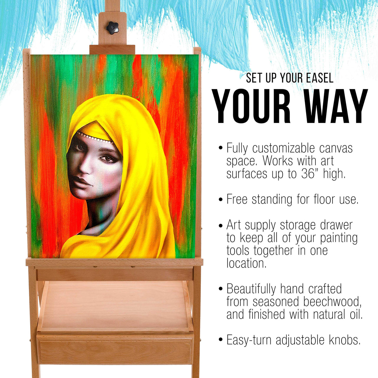 U.S. Art Supply Large Wooden H-Frame Studio Easel with Artist Storage Drawer and Shelf - Mast Adjustable to 75" High, Sturdy Beechwood Canvas Holder US Art Supply