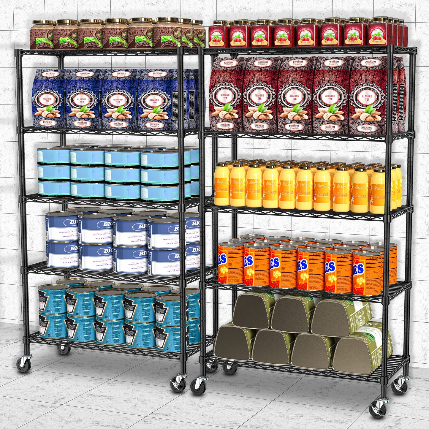 Folews 5 Tier Storage Shelves with Wheels - Metal Shelves for Storage Adjustable Wire Shelving Unit Organizer Storage Rack Shelf for Kitchen Garage - WoodArtSupply