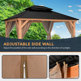 HAPPATIO 11' × 13' Wood Gazebo, Outdoor Hardtop Gazebo with Mosquito Netting and Curtains, Double Metal Roof Patio Gazebo Hard Top Gazebo for Garden, HAPPATIO