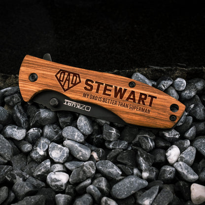 Gifts for Men, Personalized Engraved Oak Wood Pocket Knife - 36 Icons, 20 Stylish Font - Custom Knives - WoodArtSupply