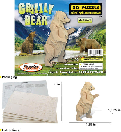 Puzzled 3D Puzzle Grizzly Bear Wood Craft Construction Model Kit, Fun & Educational DIY Animal Wooden Toy Assemble Model Unfinished Crafting Hobby