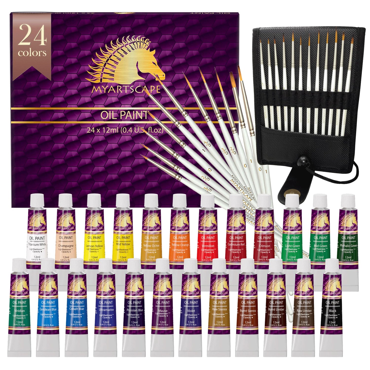 MyArtscape Supplies Paint Bundle - Oil Paint Set - 12ml x 24 Tubes - Lightfast - Heavy Body - Oil-based Colors - with Artist Quality Miniature Paint MyArtscape