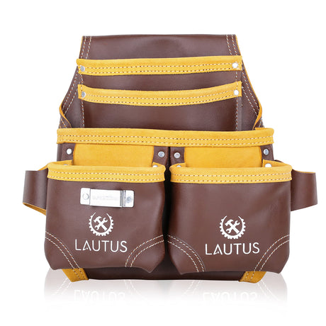LAUTUS Oil Tanned Leather Tool Nail Pouch Bag |Cherry | Carpenter, Construction, Framers, Handyman | 5 Pockets, 2 Snap Loops | 100% Leather LAUTUS