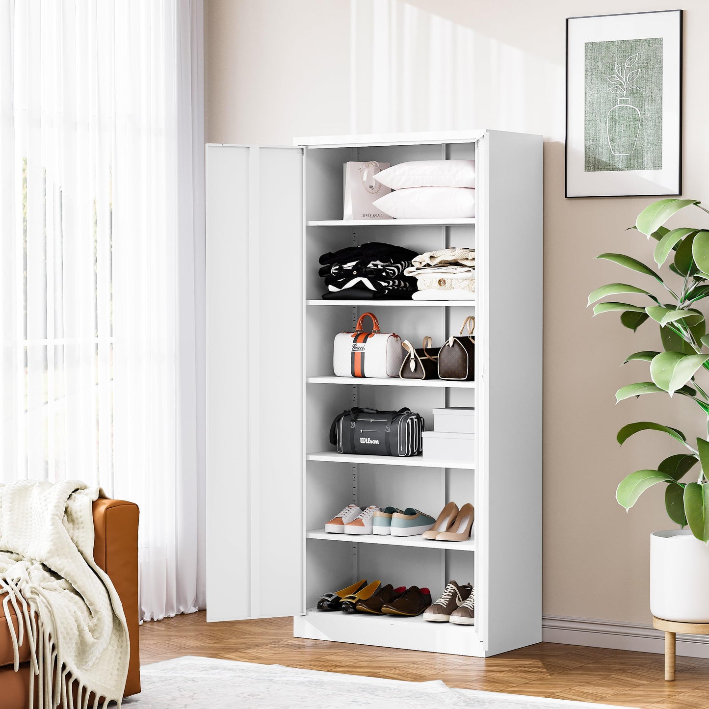 BYNSOE Metal Storage Cabinet with 5 Adjustable Shelves and Lock Metal Garage Cabinets with Locking Door, Steel Classic Storage Cabinet for Home,