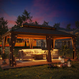 GAZEBEST 12'x20' Hardtop Gazebo Outdoor Aluminum Patio Gazebo Double Roof Galvanized Steel Gazebo Canopy Wooden Finish Coated with Netting and GAZEBEST