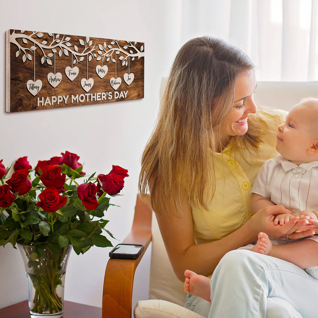 Personalized Family Tree w/Names for Mothers Day Gifts - 4 Colors 7x18in Customized Wood Signs Decor for Best Mom Ever Mother Gifts Custom Mommy Generic