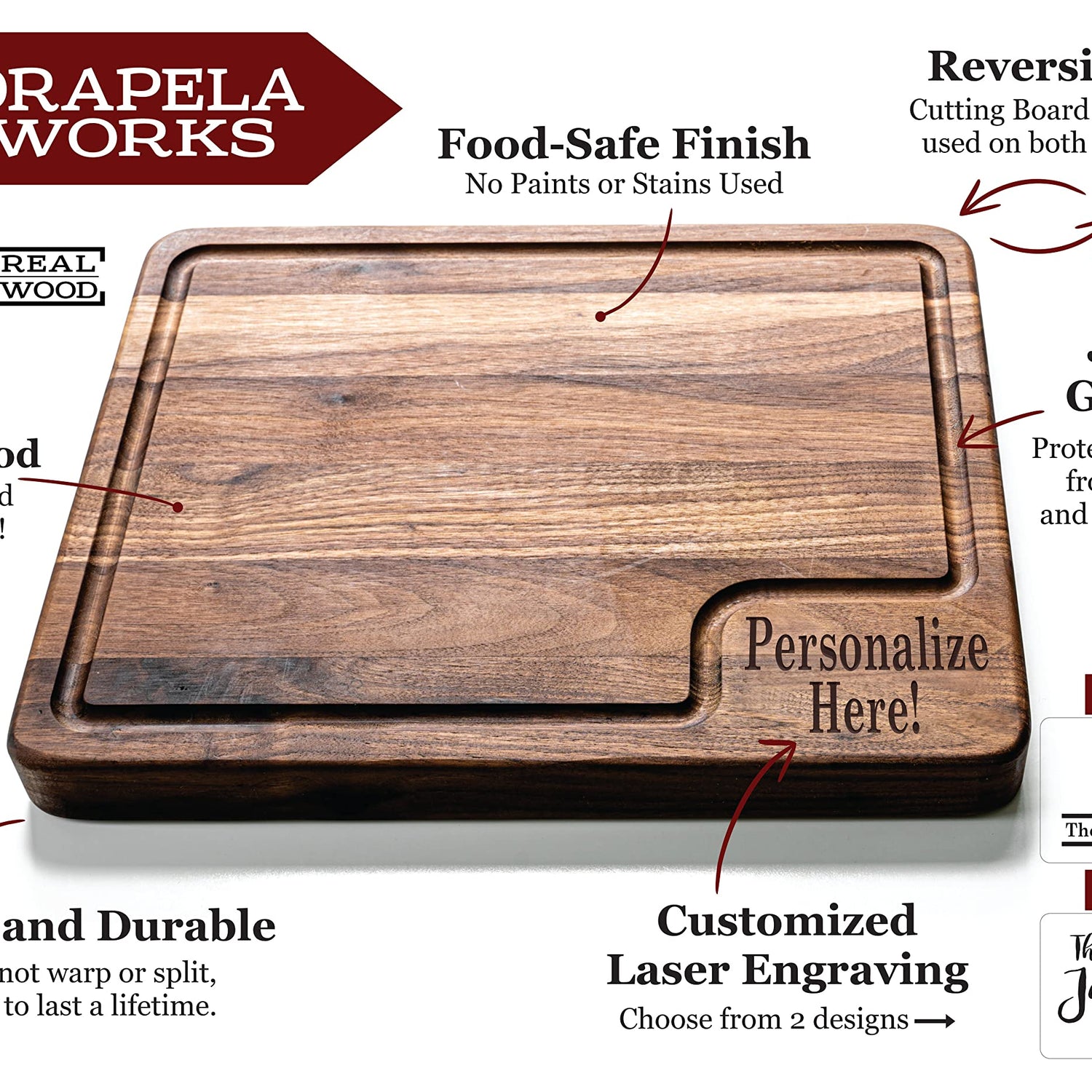 Custom Cutting Boards Wood Engraved Cutting Board Personalized, USA Made - Thick Maple/Walnut Personalized Cutting Boards Wood Engraved, Personalized Drapela Works