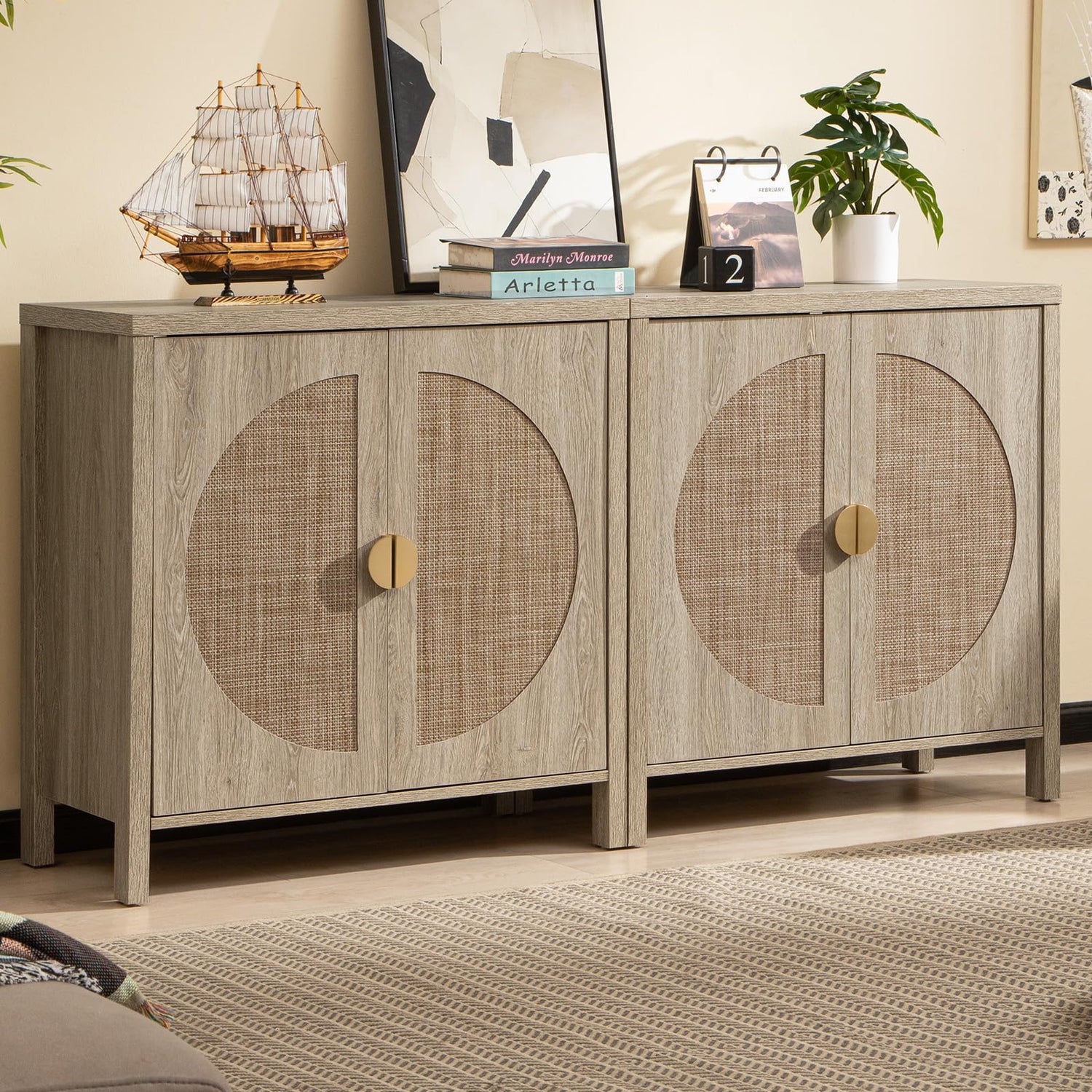 SICOTAS Accent Wood Storage Cabinet Set of 2, Rattan Sideboard Buffet Cabinet with Adjustable Shelves, Multifunctional Console Table Credenza for SICOTAS