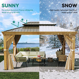 YITAHOME 10x12ft Hardtop Gazebo with Nettings and Curtains, Wood Grain Heavy Duty Double Roof Galvanized Steel Outdoor Combined of Vertical Stripes YITAHOME