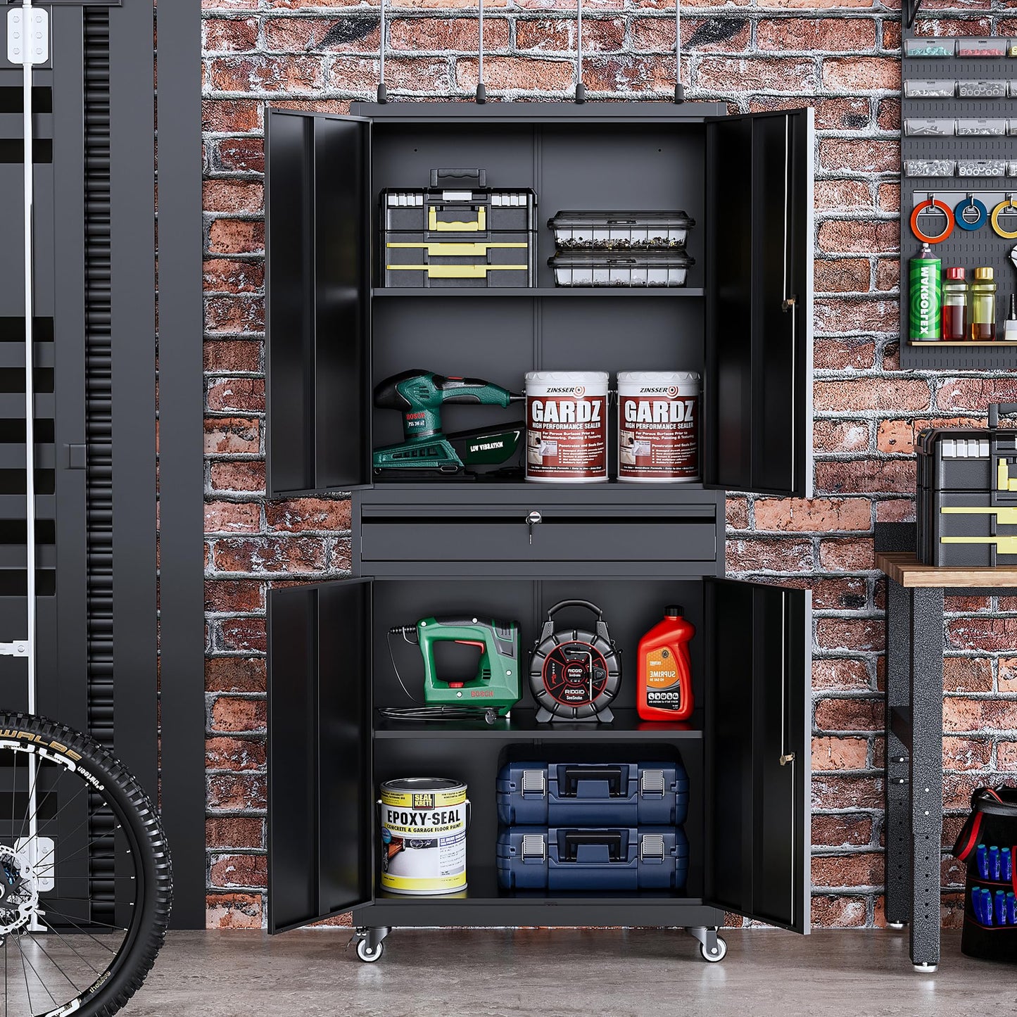 STANI Metal Garage Storage Cabinets with Drawer, 4 Doors Tool Storage Cabinet with 2 Adjustable Shelves, 72"-Rolling Steel Locking Cabinet for Garage
