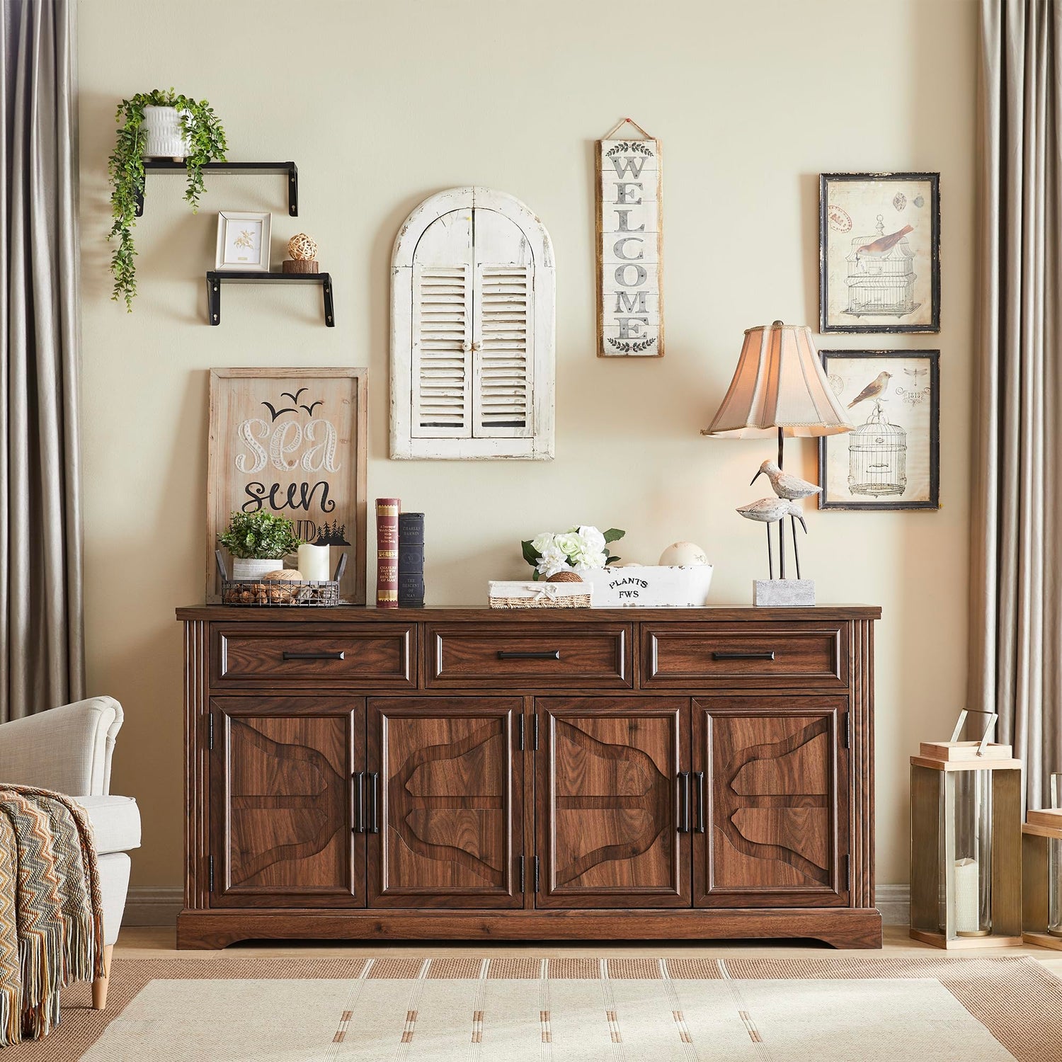 JXQTLINGMU 66" Large Buffet Sideboard Cabinet with 4 Doors and 3 Drawers, Buffet Table Coffee Bar Wine Bar Storage Cabinet for Dining Room, Living JXQTLINGMU