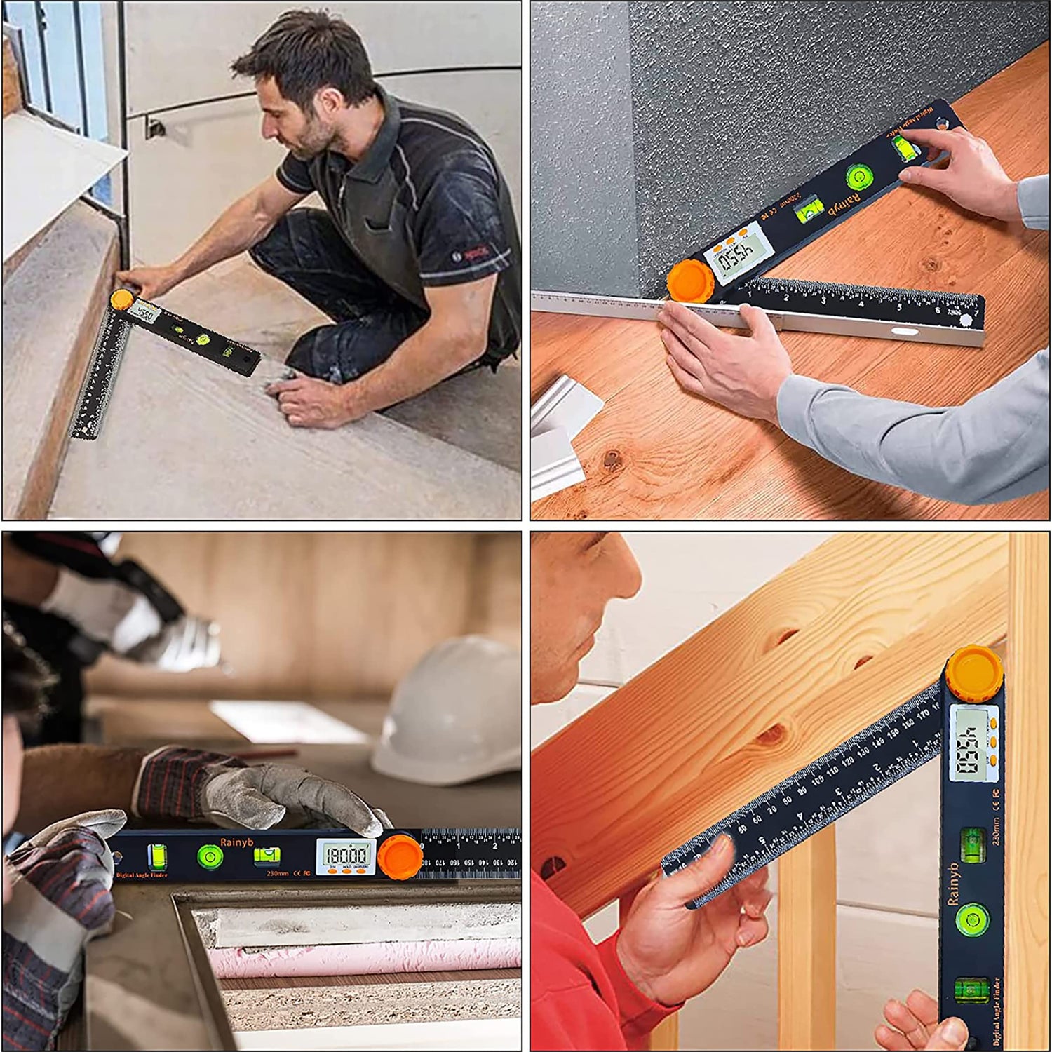 Rainyb Digital Angle Finder Tool 7inch 0-360 degree LED Digital Protractor with Horizontal Vertical Bubble Levels and Ruler Meter Accurate Tools for Rainyb