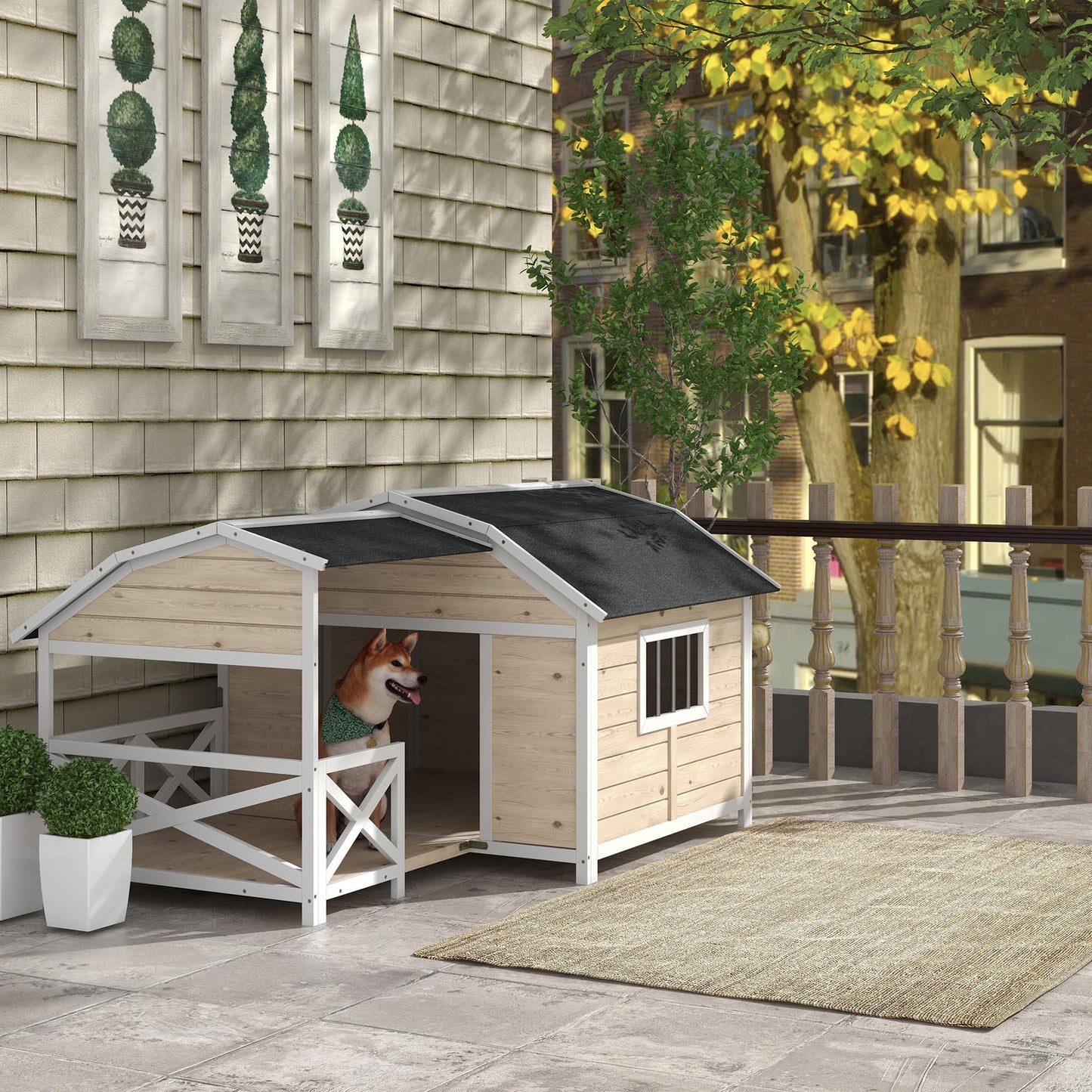 PawHut Wooden Dog House Outdoor with Porch, Raised Pet Kennel for Medium Large Dogs, with Asphalt Roof, Front Door, Side Windows, Gray - WoodArtSupply