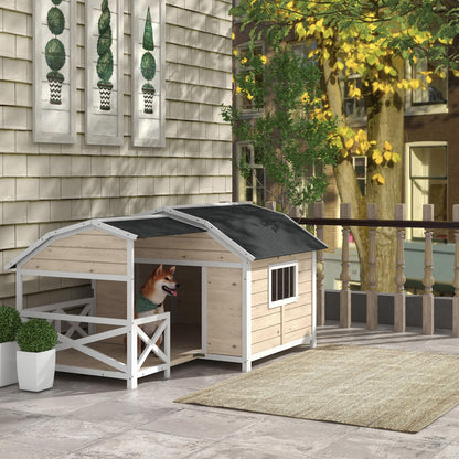 PawHut Wooden Dog House Outdoor with Porch, Raised Pet Kennel for Medium Large Dogs, with Asphalt Roof, Front Door, Side Windows, Gray - WoodArtSupply