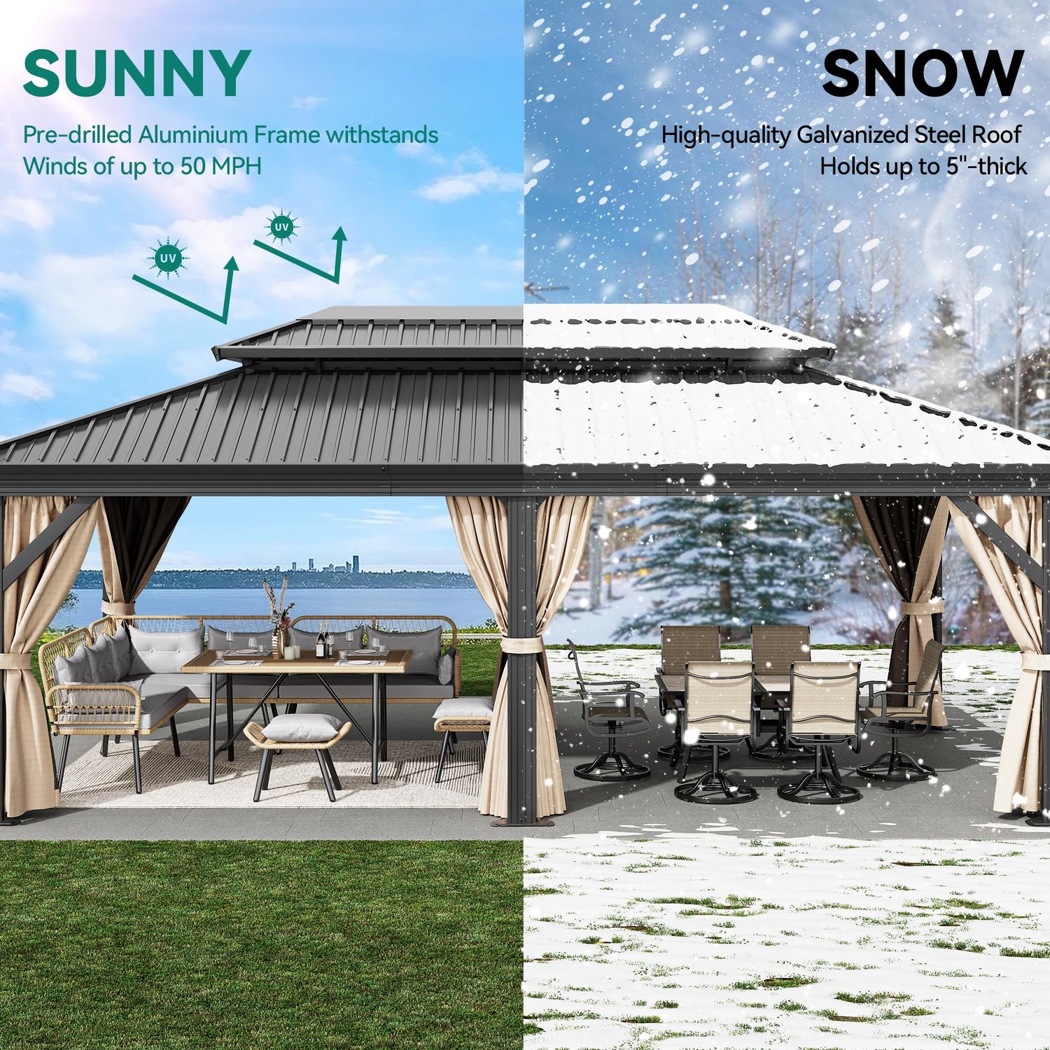 DWVO 12x20ft Hardtop Gazebo Double Roof with Nettings and Curtains, Heavy Duty Galvanized Steel Outdoor Vertical Stripes Roof for Patio, Backyard, DWVO