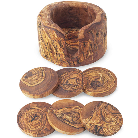 Forest Decor Olive Wood Coasters - Set of 6 - Farmhouse Coaster with Holder for Home & Wedding Decoration - Handmade Cabin Decor Coaster Set for Forest Decor