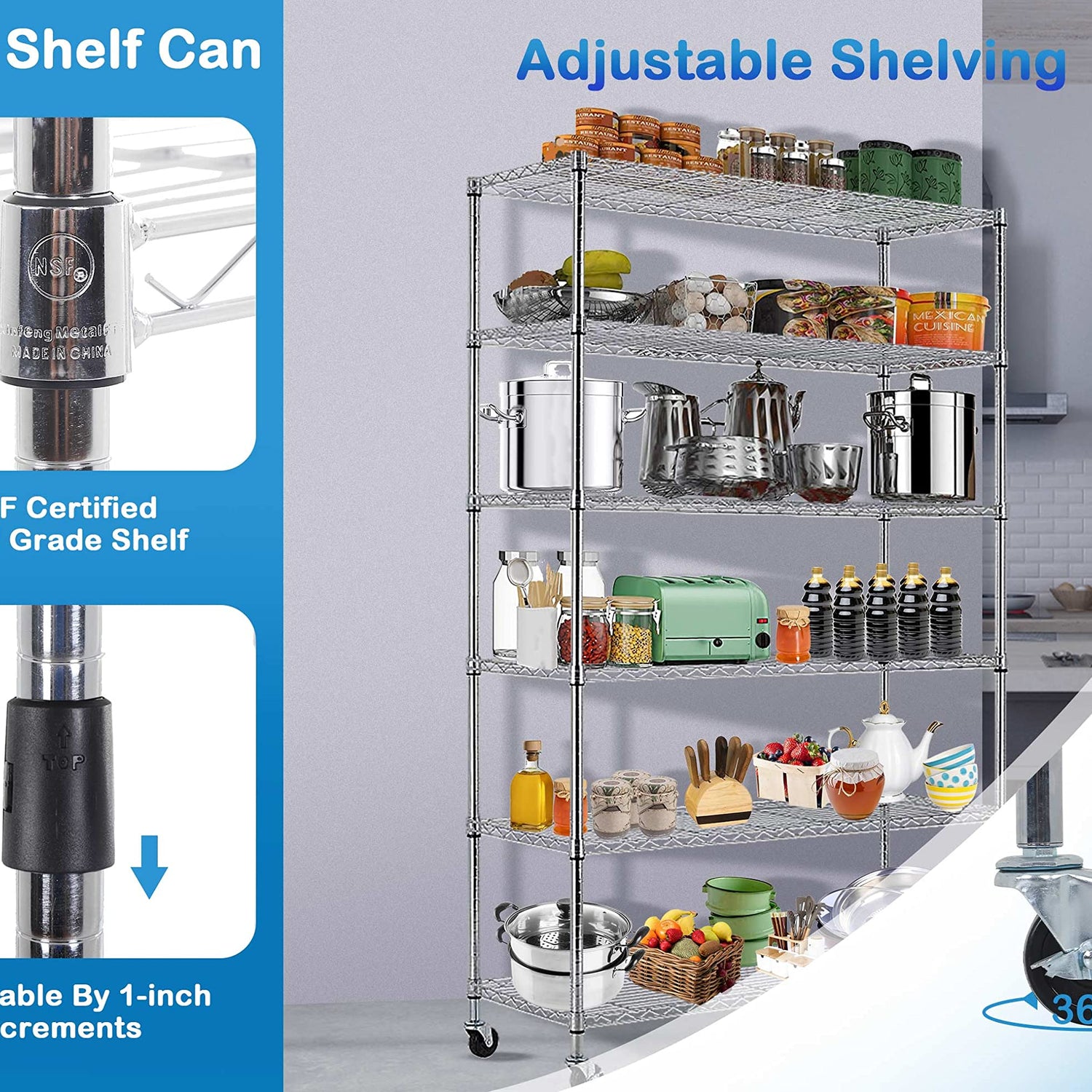 6-Tier Storage Racks, 2100Lbs Capacity Heavy Duty Metal Shelf with Wheels, NSF Certified Commercial Grade Adjustable Large Wire Shelving Unit for Haiput Wam