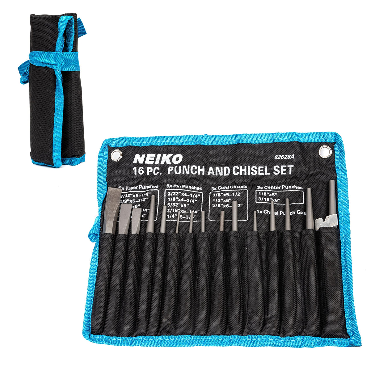 NEIKO 02626A Punch and Chisel Set | 16 Piece | Cold Chisels, Taper, Pin & Center Punches | Chrome Vanadium Steel | Roll Up Pouch | Chisel Tip Gauge | Neiko