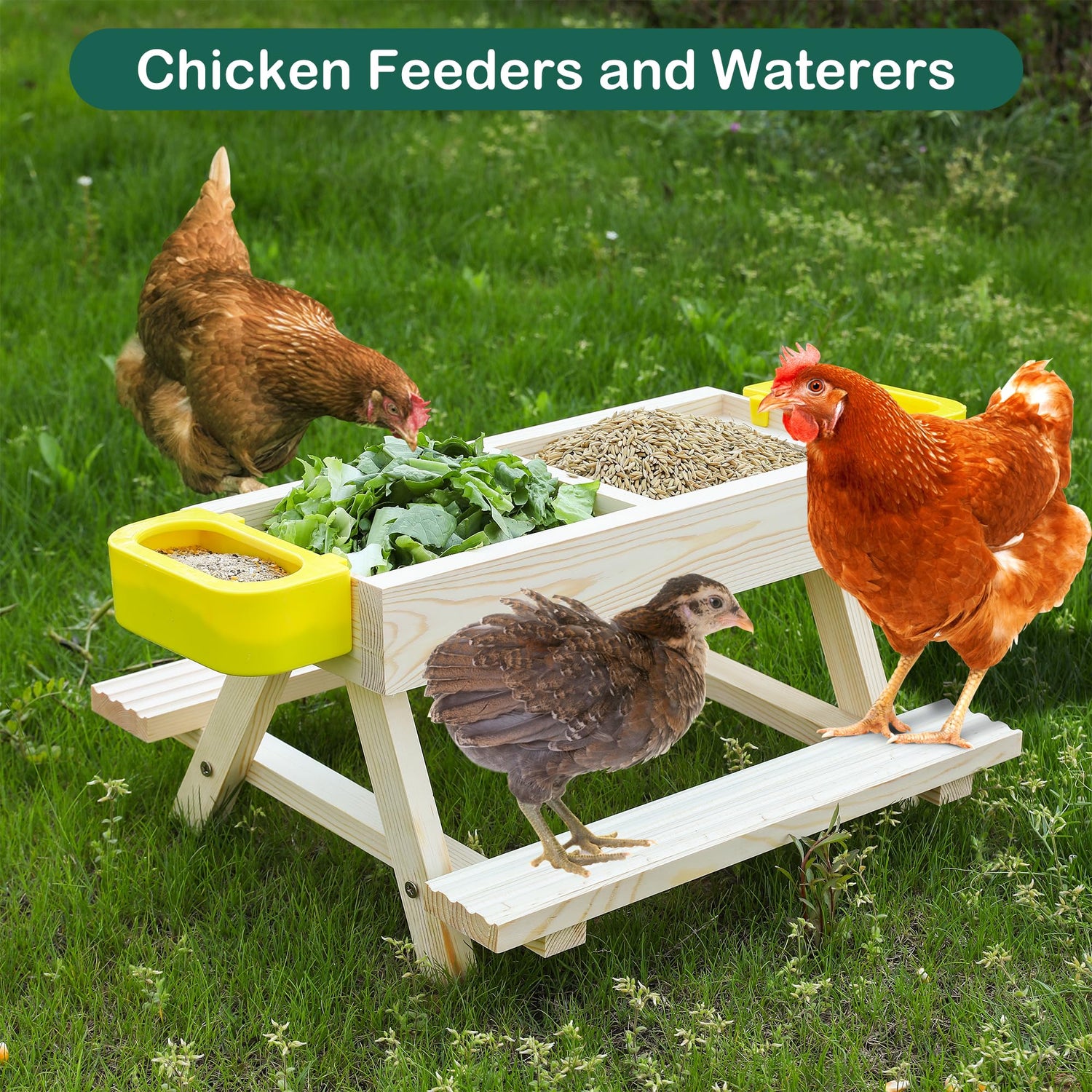 Boulphia Chicken Feeders and Waterers, Chicken Feeder No Waste Kit with Chicken Picnic Table and 2 Chicken Water Feeder, Handmade Wooden Chicken Boulphia