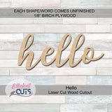 Hello Script Wood Cutouts for crafts, Laser Cut Wood Shapes 5mm thick Baltic Birch Wood, Multiple Sizes Available Elliefont Styles