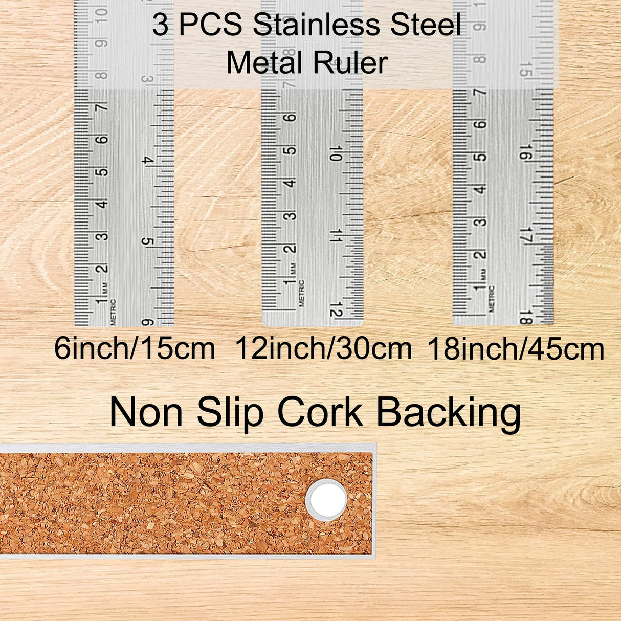 Metal Ruler:[6+12+18 Inch] Stainless Steel Metal Ruler with Cork Backing Non-Slip Rulers with Inch and Centimeters Metal Ruler 6 Inch 12 Inch 18inch Btanadi