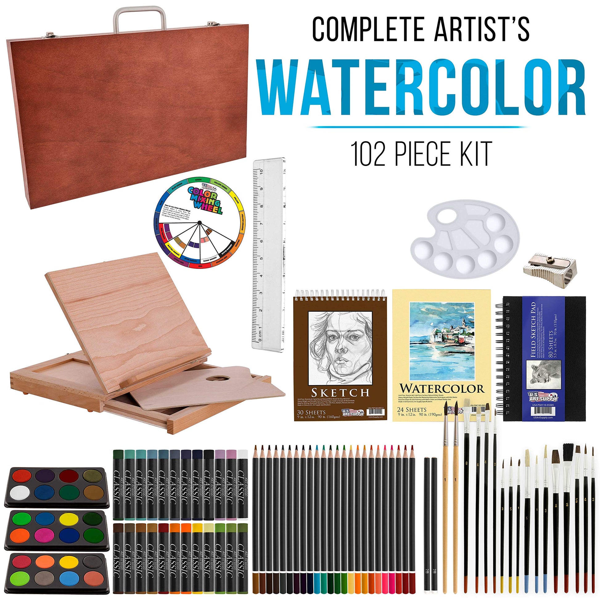 U.S. Art Supply 70-Piece Artist Watercolor Painting Set with Aluminum Field  Easel, Wood Table Easel, 60 Watercolor Paint Colors, 34 Brushes 2 Canvases