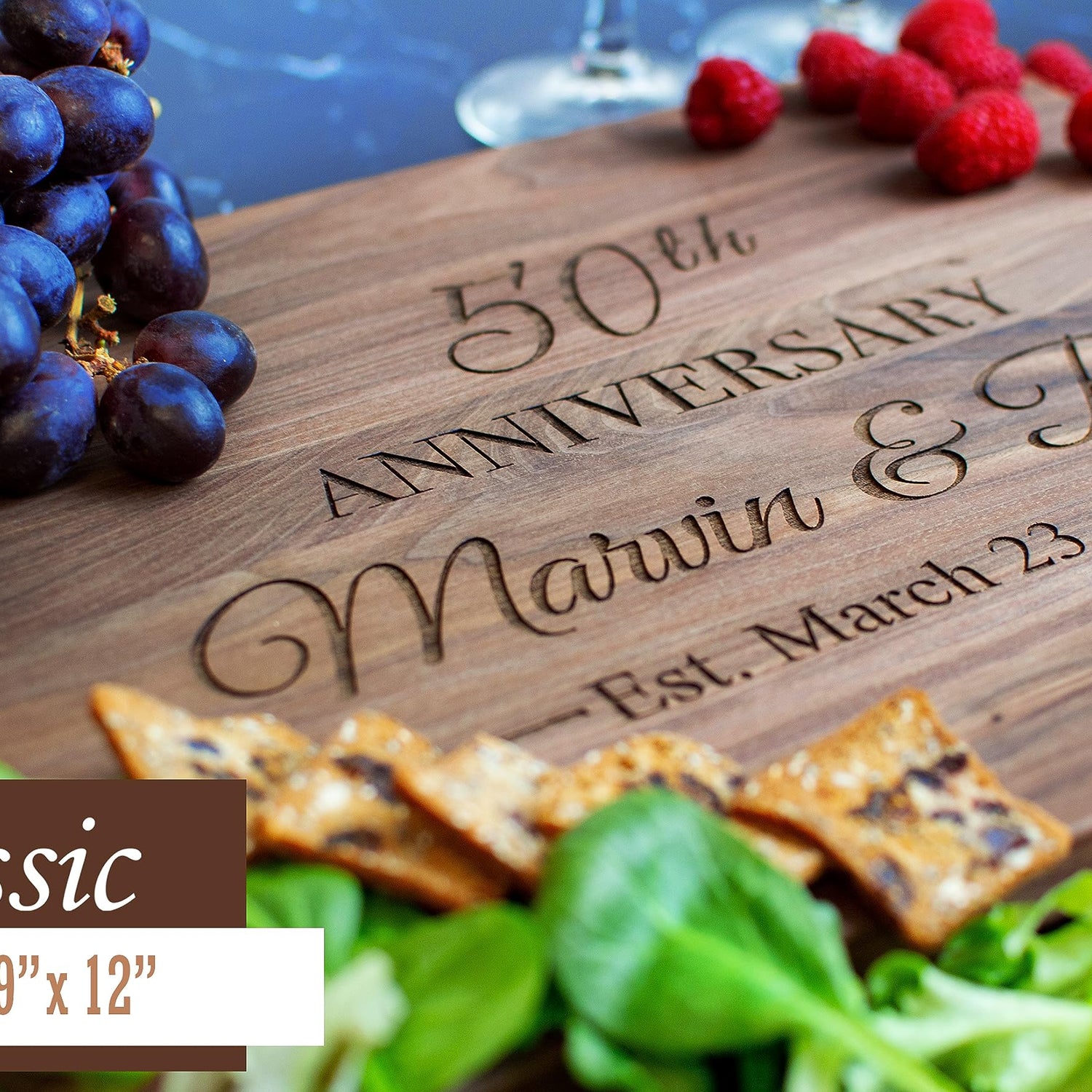Personalized Wood Cutting Board Handmade in USA – Best Serves as Chopping board, Charcuterie board, Cheese board – Unique Wooden 50th Wedding Viva Leather