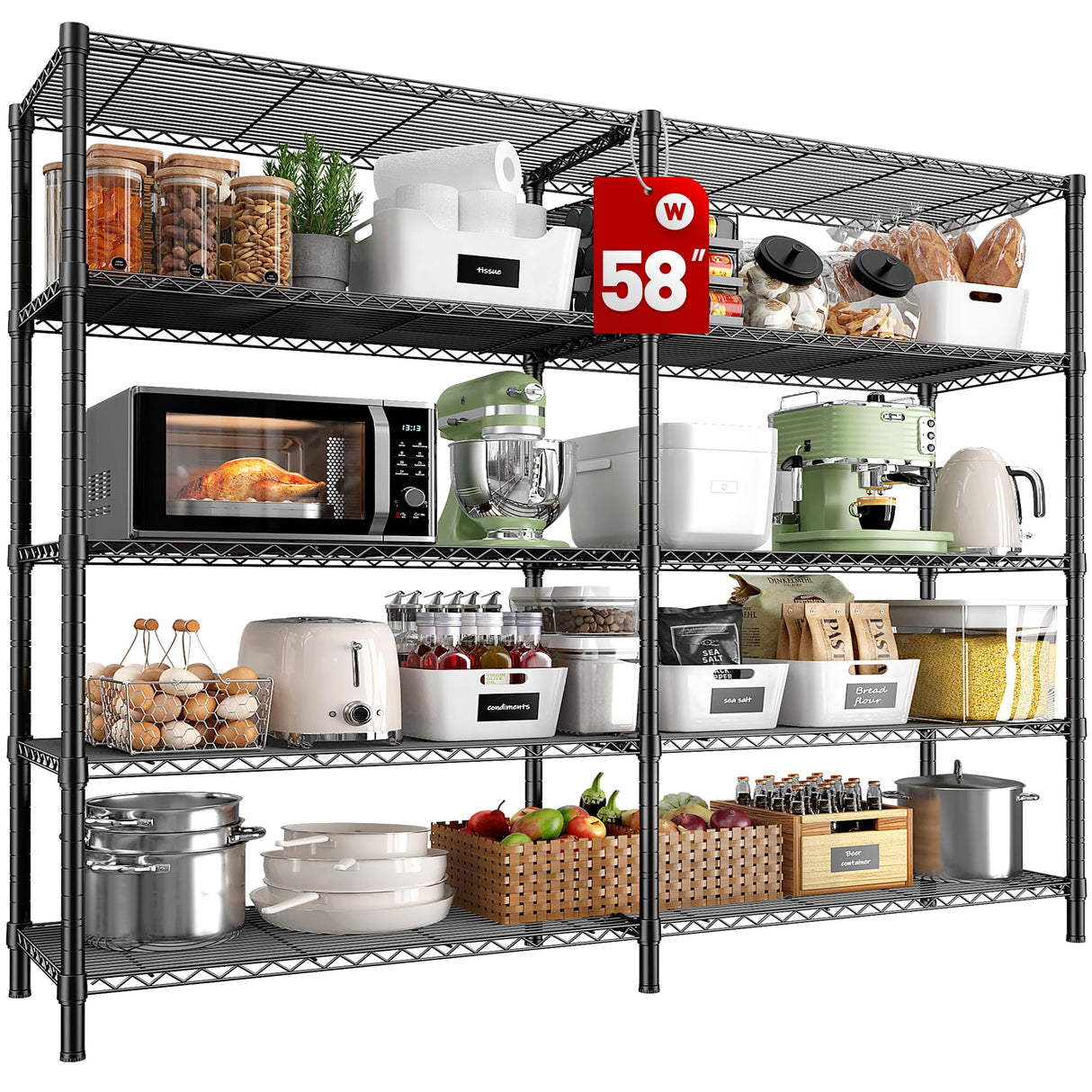 REIBII 58''W Storage Shelves Load 1400LBS Wire Shelving Unit 5 Tier Metal Shelving for Storage Rack Shelves for Storage Heavy Duty Garage Shelf REIBII