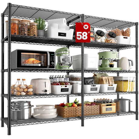 REIBII 58''W Storage Shelves Load 1400LBS Wire Shelving Unit 5 Tier Metal Shelving for Storage Rack Shelves for Storage Heavy Duty Garage Shelf REIBII