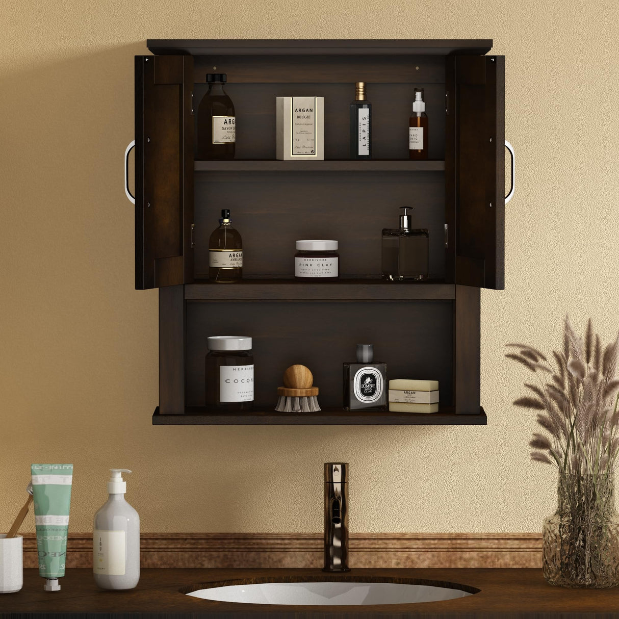 ChooChoo Wood Wall Cabinet with Doors, Medicine Cabinet with Adjustable Shelves Over The Toilet, Rustic Cabinet Wall Mounted for Bathroom, Kitchen, ChooChoo