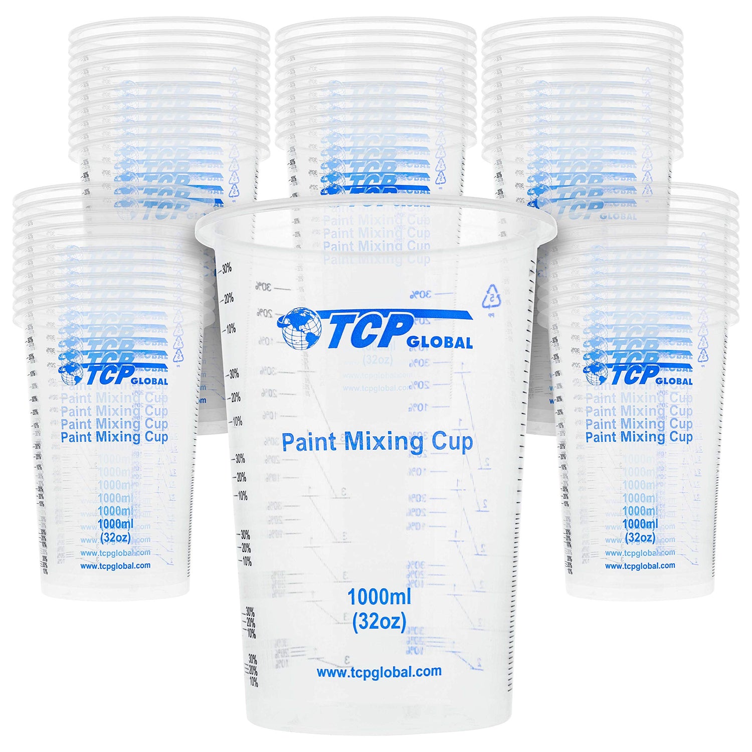 TCP Global 32 Ounce (1000ml) Disposable Flexible Clear Graduated Plastic Mixing Cups - Box of 50 Cups - Use for Paint, Resin, Epoxy, Art, Kitchen, TCP Global