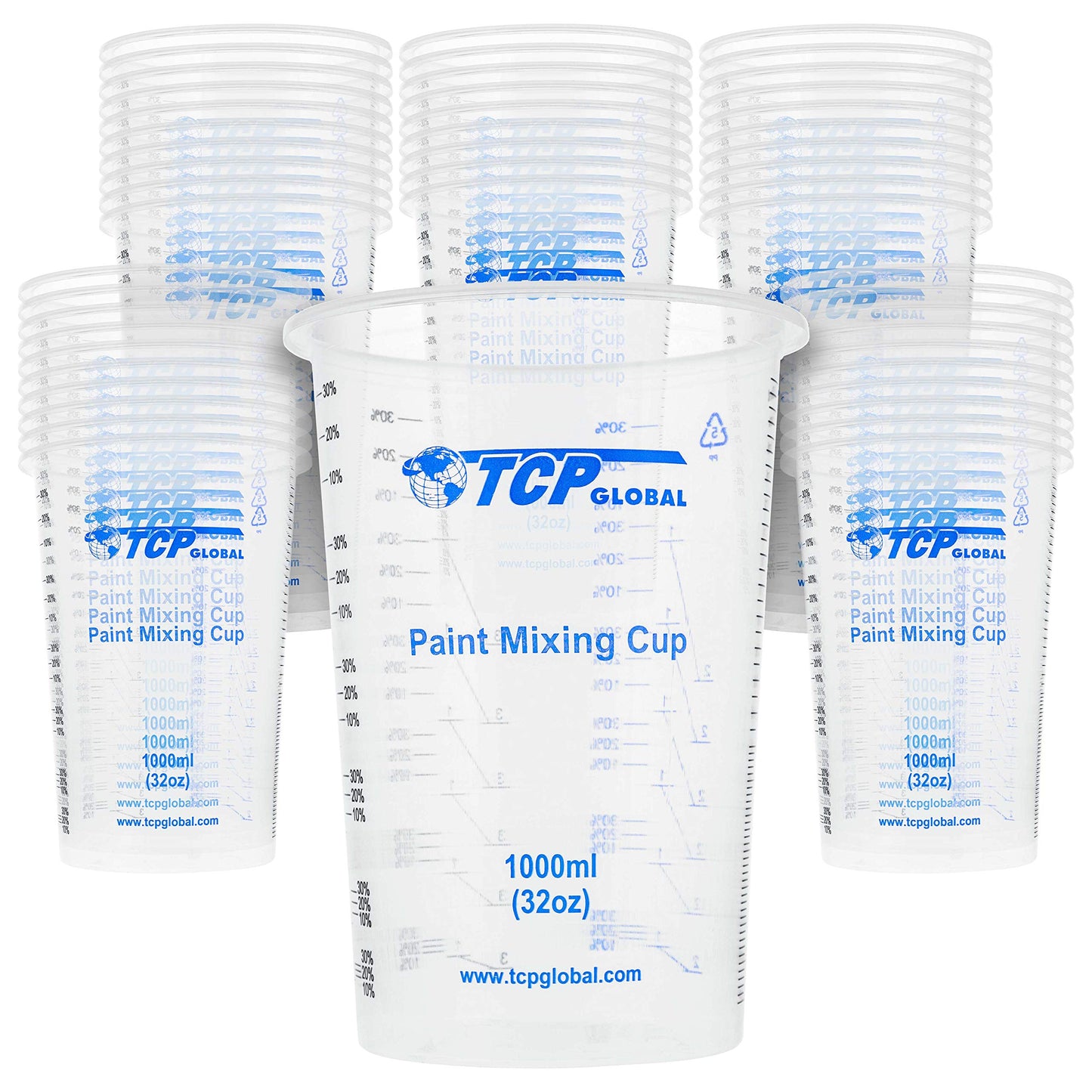 TCP Global 32 Ounce (1000ml) Disposable Flexible Clear Graduated Plastic Mixing Cups - Box of 50 Cups - Use for Paint, Resin, Epoxy, Art, Kitchen, - WoodArtSupply