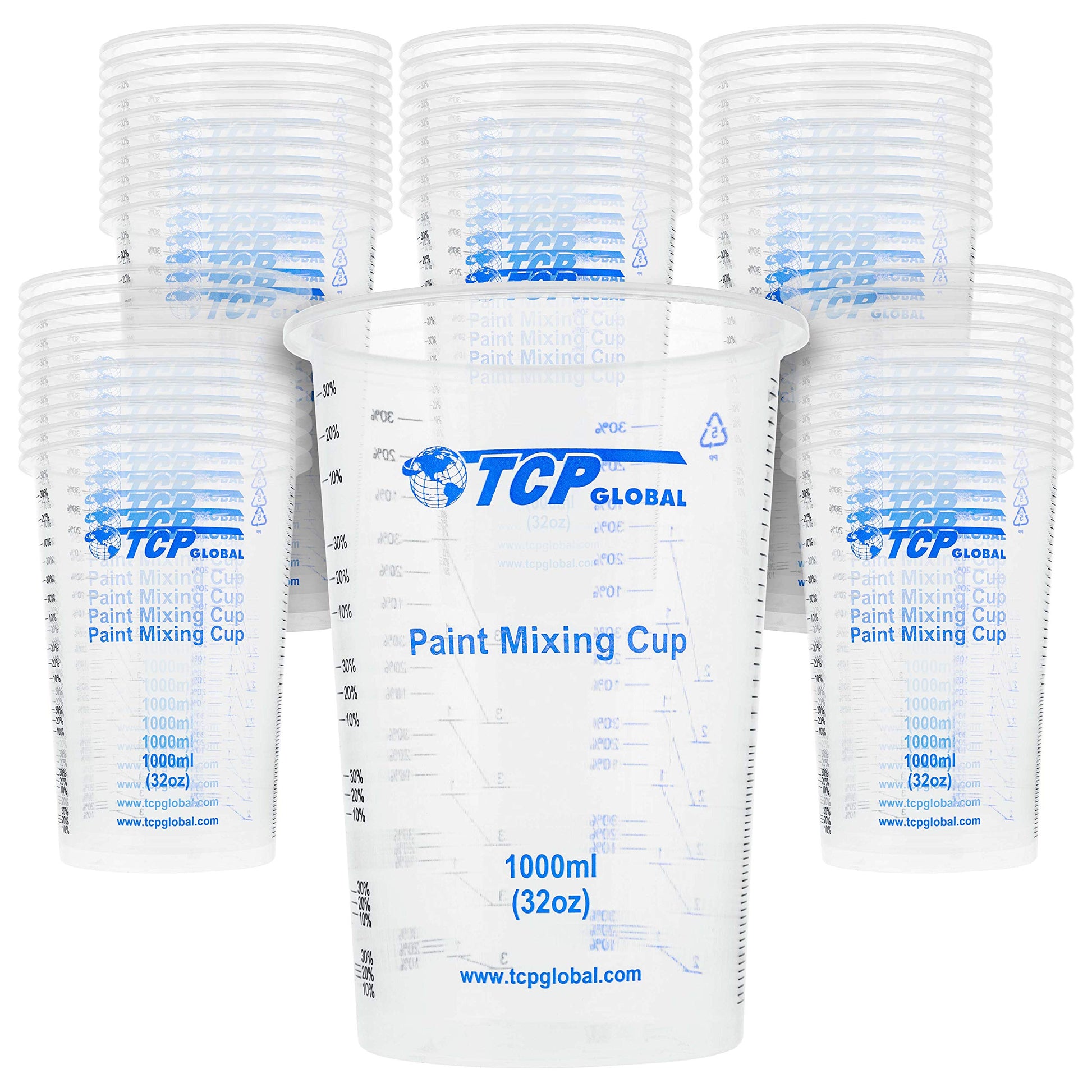 TCP Global 32 Ounce (1000ml) Disposable Flexible Clear Graduated Plastic Mixing Cups - Box of 50 Cups - Use for Paint, Resin, Epoxy, Art, Kitchen, - WoodArtSupply