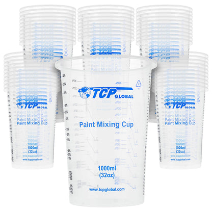 TCP Global 32 Ounce (1000ml) Disposable Flexible Clear Graduated Plastic Mixing Cups - Box of 50 Cups - Use for Paint, Resin, Epoxy, Art, Kitchen, - WoodArtSupply