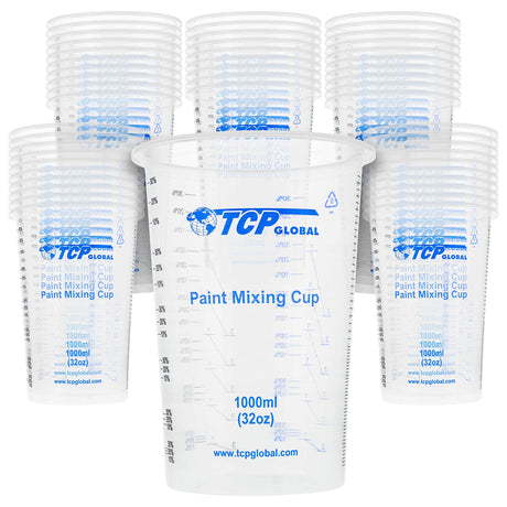 TCP Global 32 Ounce (1000ml) Disposable Flexible Clear Graduated Plastic Mixing Cups - Box of 50 Cups - Use for Paint, Resin, Epoxy, Art, Kitchen, TCP Global