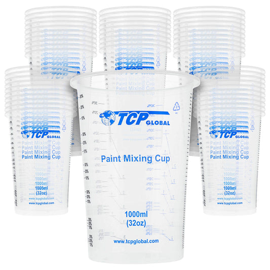 TCP Global 32 Ounce (1000ml) Disposable Flexible Clear Graduated Plastic Mixing Cups - Box of 50 Cups - Use for Paint, Resin, Epoxy, Art, Kitchen, - WoodArtSupply