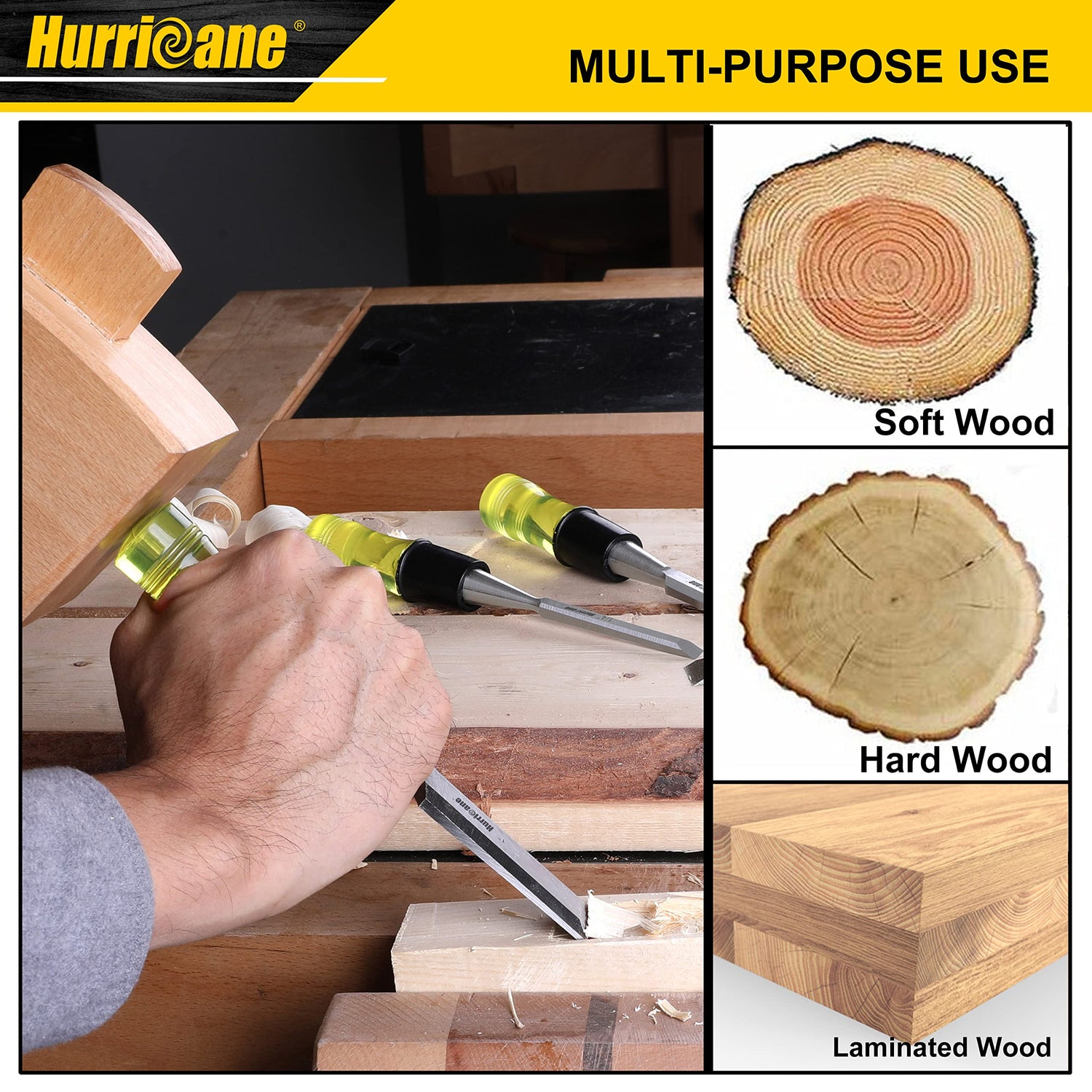 HURRICANE 4 Piece Wood Chisel Set for Woodworking, CRV Steel Beveled Edge Sharp Blade with Caps, Extra Large Size Durable PVC High Impact Handle, HURRICANE