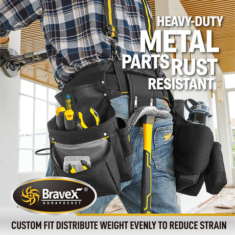 Bravex Tool Belt Suspenders, Tool Vest Pro Ultra 20 Bags Y-Style Toolbelt 5 Combo Apron Tool Pouch For Framers Carpenter Electrician 1200D Ballistic Voltstorm