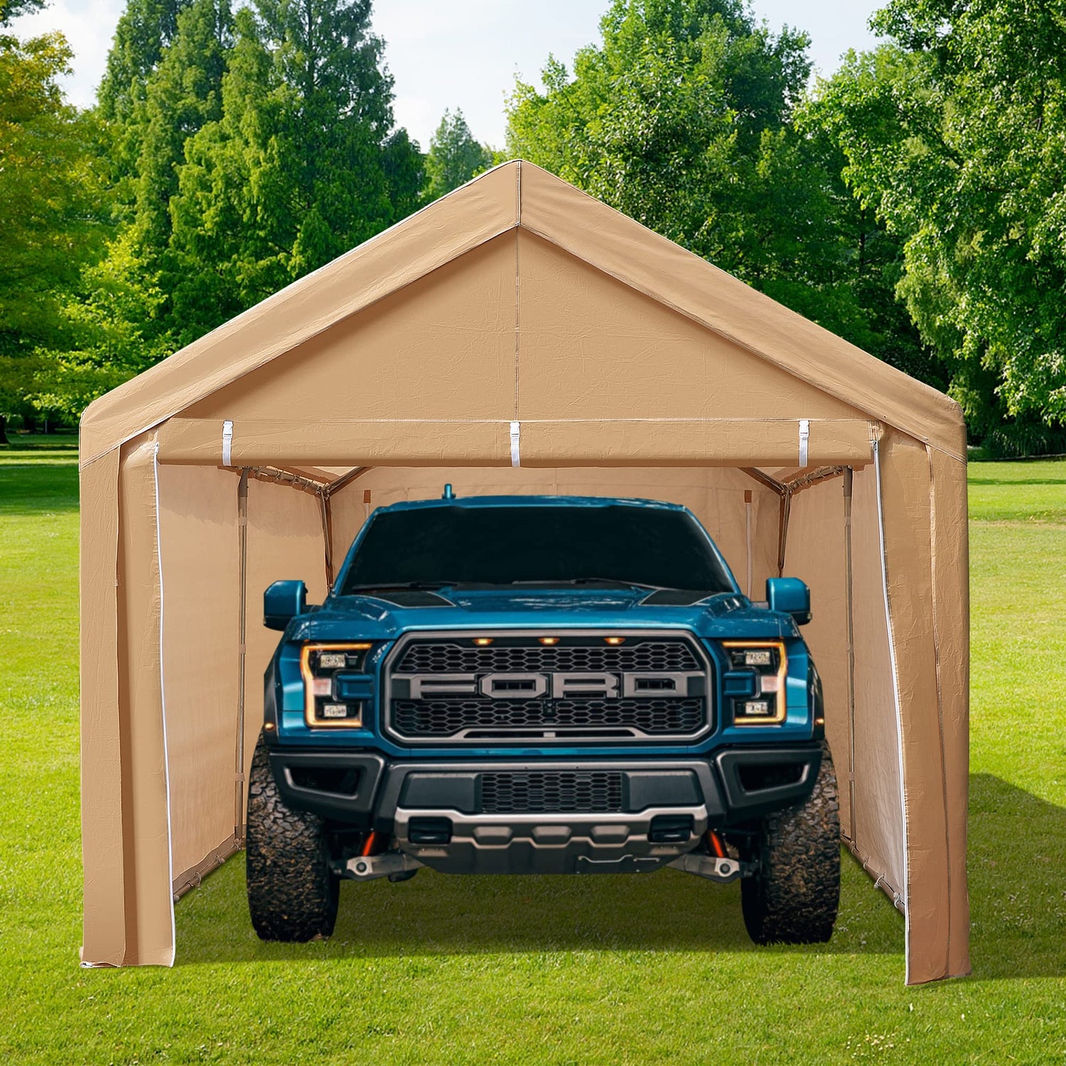 PHI VILLA 10x20 ft Heavy Duty Carport Car Canopy Garage Extra Storage Shelter Boat Party Tents Shed with Removable Sidewalls and Doors, Beige PHI VILLA