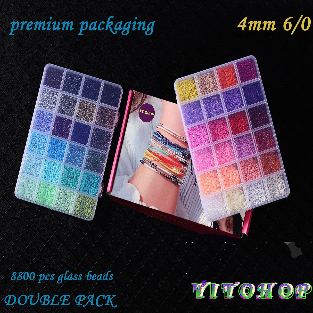 YITOHOP 8800+pcs 4mm 12/0 48 Colors Glass Seed Beads, Charms Bracelet Jewelry Making Beads Kit Gifts for Teen Girls Crafts for Girls Ages 8-12 YITOHOP