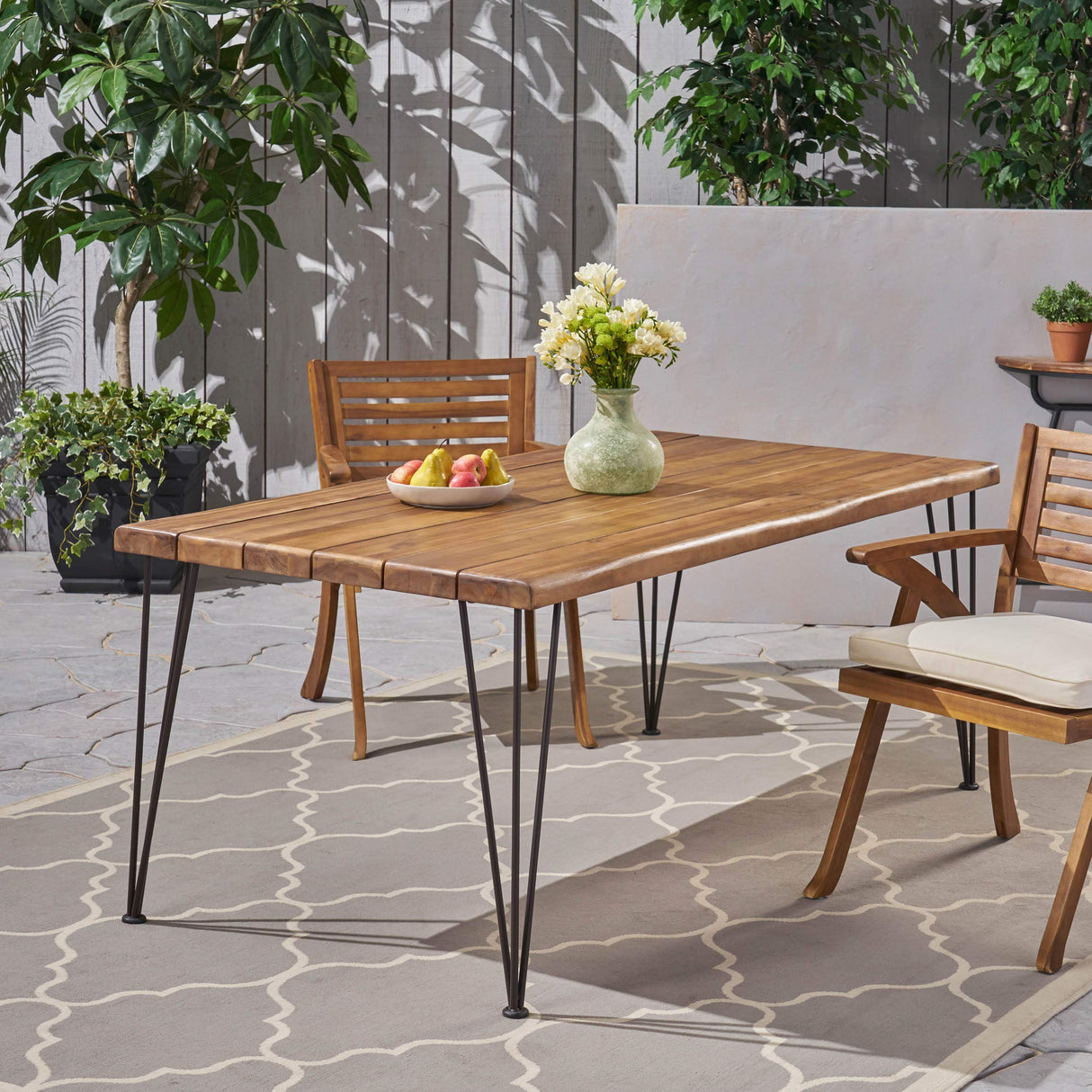 Christopher Knight Home Kama Patio Dining, Rectangular, 72", Acacia Wood Table Top, Rustic Iron Hairpin Legs, Teak Finish, Metal Christopher Knight Home