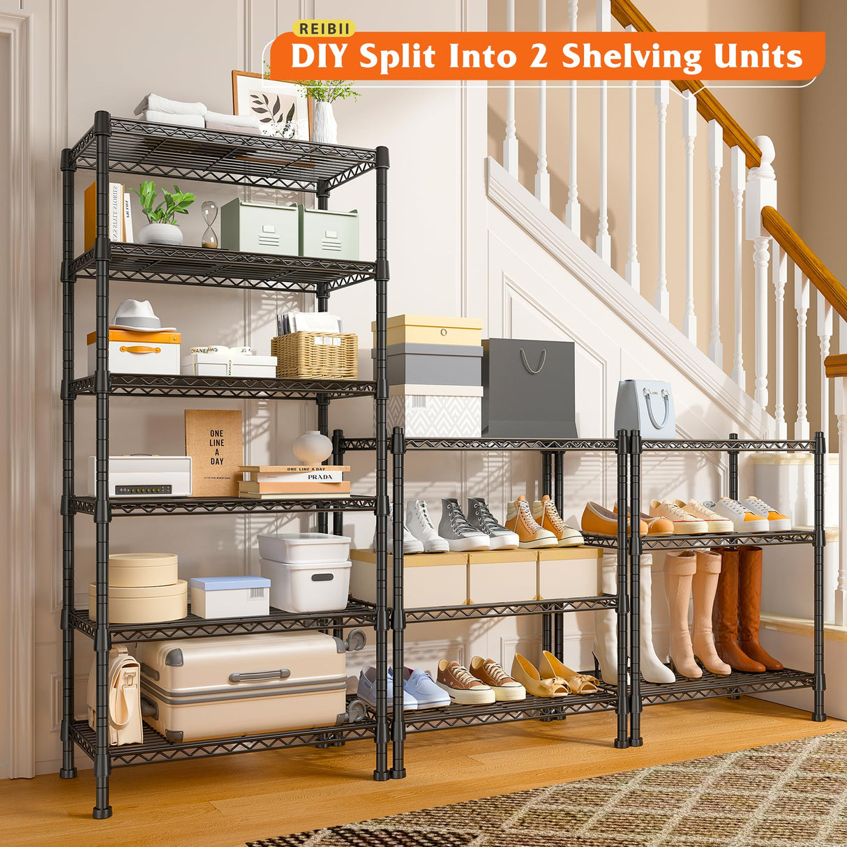 REIBII 6-tire Wire Shelving Rack,Storage Shelves Metal Shelves for Storage Load 1000 LBS,Heavy Duty Shelving Unit with Wire Shelf Adjustable Pantry REIBII