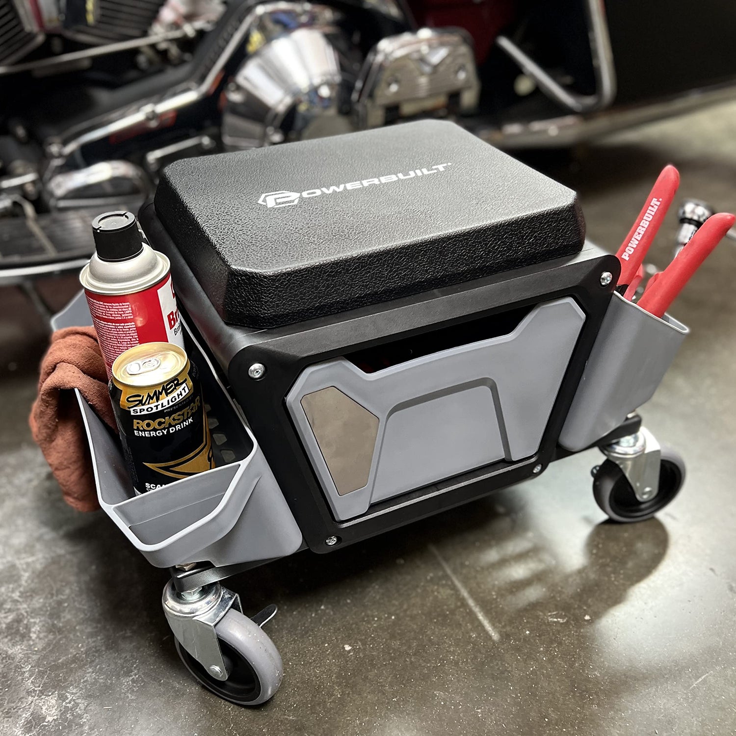 Powerbuilt Rolling Work Seat Brake Stool with 4-inch Rubber Lockable Wheels, Big Seating Platform, Tool Trays and Drawer 330 lb. Capacity, Mechanics, Powerbuilt