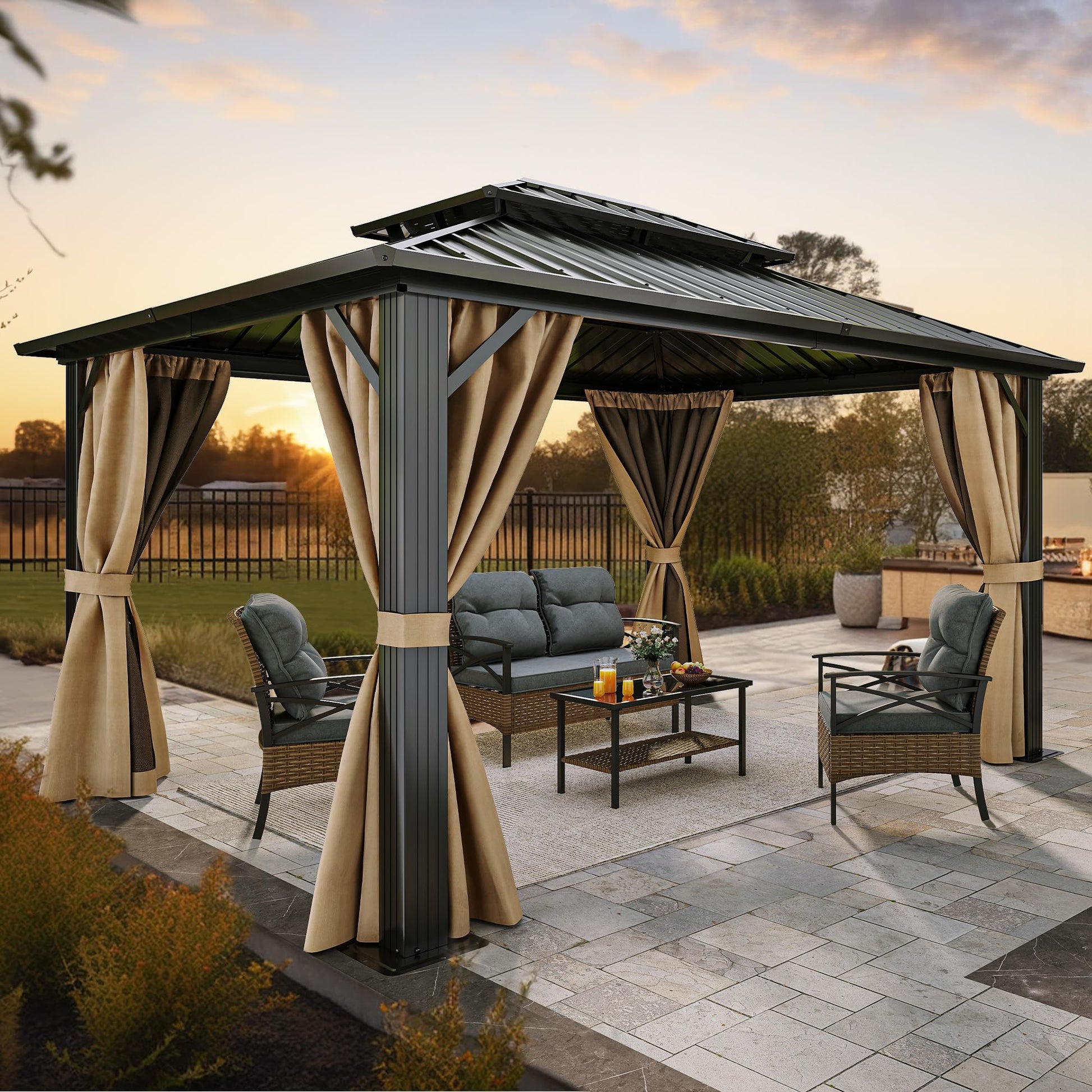 YITAHOME 10x12ft Gazebo Double Roof Hardtop with Nettings and Curtains, Heavy Duty Galvanized Steel Outdoor Vertical Stripes Roof for Patio, - WoodArtSupply